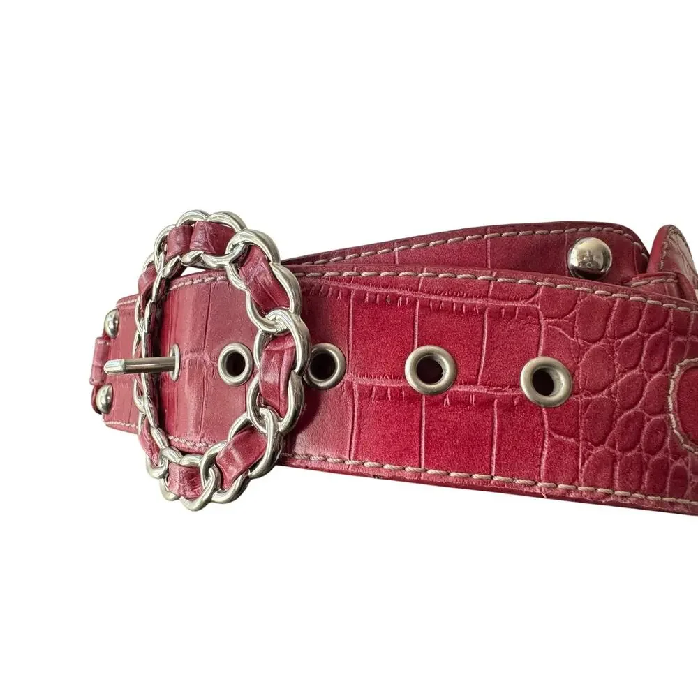 Vintage ‘00s Kathy Van Zeeland Red Faux Crocodile McBling Silver Buckle Belt